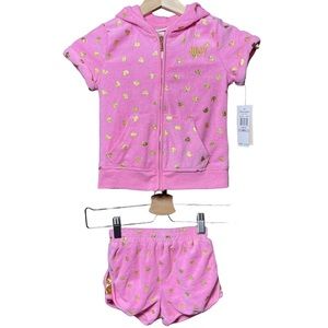 NWT Girls Juicy Couture Two Piece Pink & Gold Hoodie short sleeve top & shorts